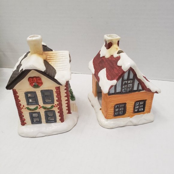 2 Vintage YULETIDE 1986 Village Ceramic House Cottage Light Christmas Snow Tree - Picture 4 of 13